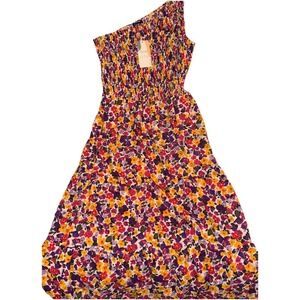 BTFBM Maxi Dress Smocked One-Shoulder Tiered Flowy Floral Colorful Women's L NWT